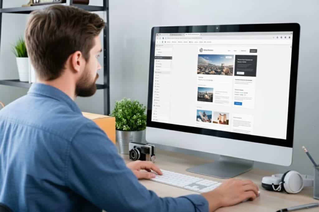 Man building a website on desktop computer illustrating essential features of what makes a good website