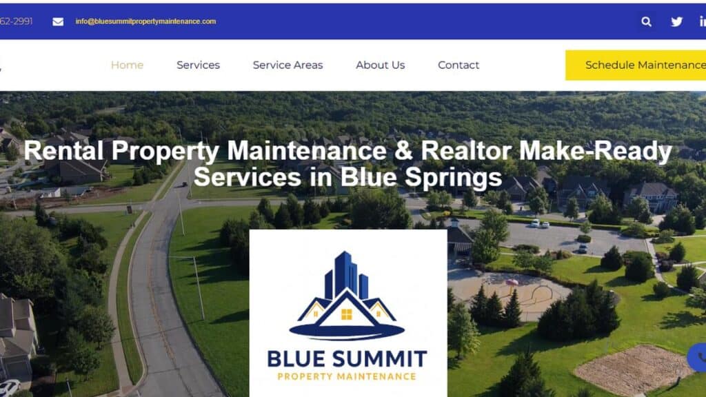 Blue Summit Property Maintenance website homepage showing clean layout and bold call-to-action for exterior services