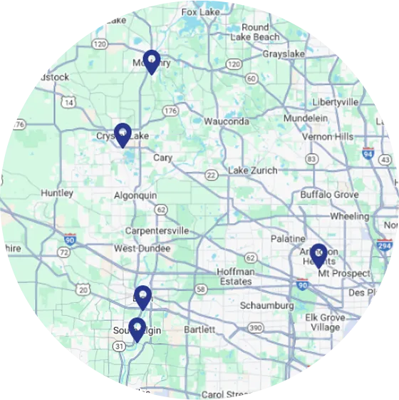 A map with four blue pins showing Legacy Precision HVAC service locations in Chicago’s northwest suburbs: Crystal Lake, McHenry, South Elgin, and Arlington Heights.