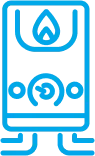 Blue outline icon of a gas boiler, featuring a flame symbol above and pipes below, representing Legacy Precision HVAC’s services.