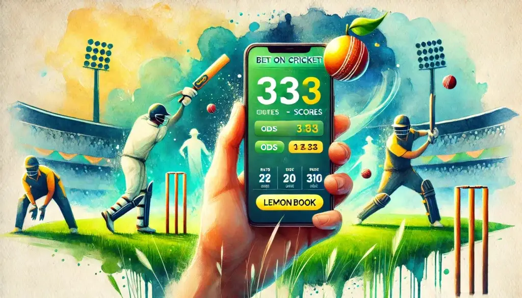 A person placing an online cricket bet using a mobile app with live match updates displayed on the screen