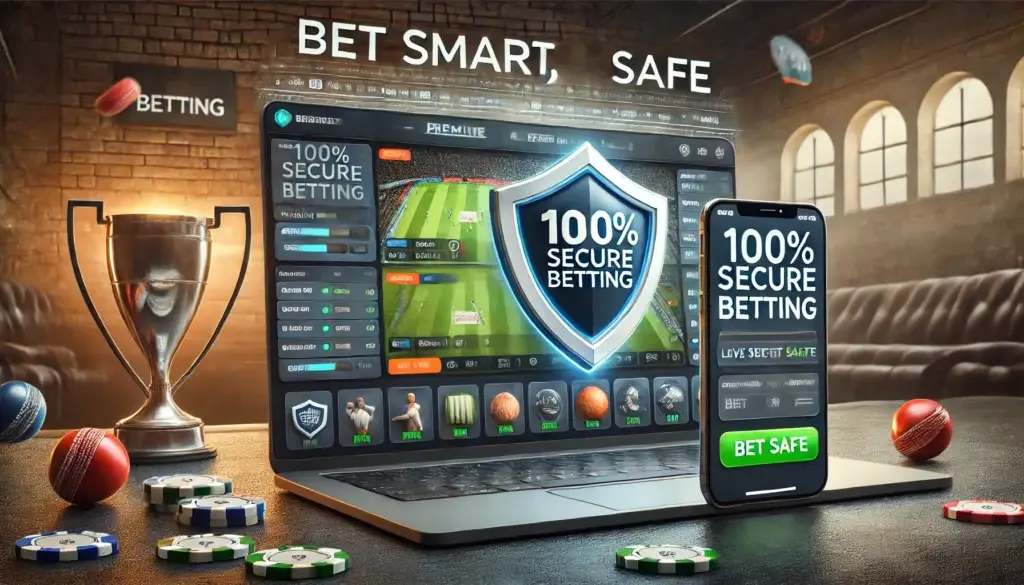 A premium online Cricket betting platform displayed on a laptop and mobile phone, featuring a security shield icon, a user confidently placing a bet, and a "100% Secure Betting" badge