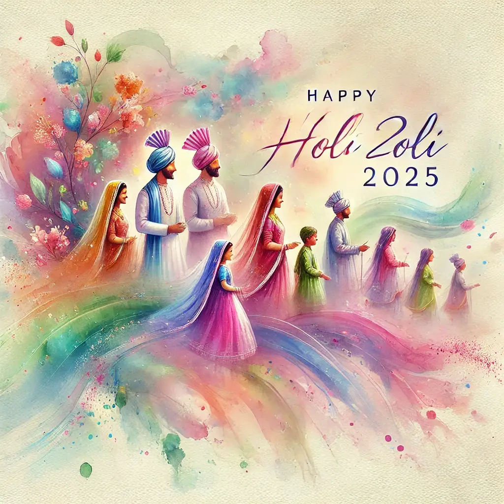 A vibrant watercolor-style painting depicting the joyous celebration of Holi in 2025, with soft, flowing colors blending in the air as people throw powdered hues, symbolizing unity, love, and festivity.