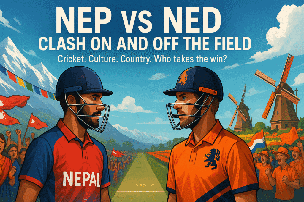 Two cricket players from Nepal and the Netherlands face off on the field, with passionate fans, iconic landmarks, and vibrant team colors highlighting the NEP vs NED rivalry