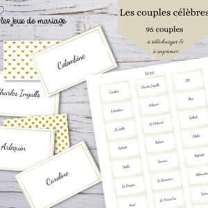 La fiche et les étiquettes du jeu de mariage Les Couples Célèbres