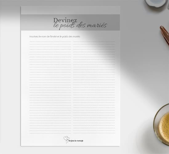 La feuille à imprimer pour le jeu de mariage Devinez le poids des mariés
