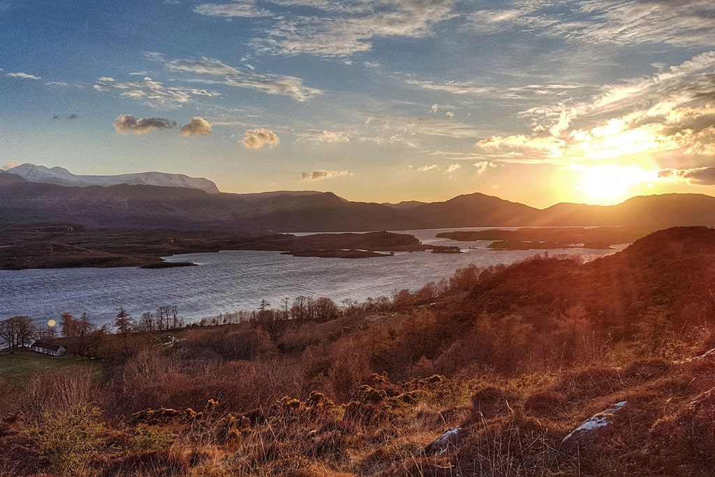 Sunset on Loch Maree and its surroundings in Scotland