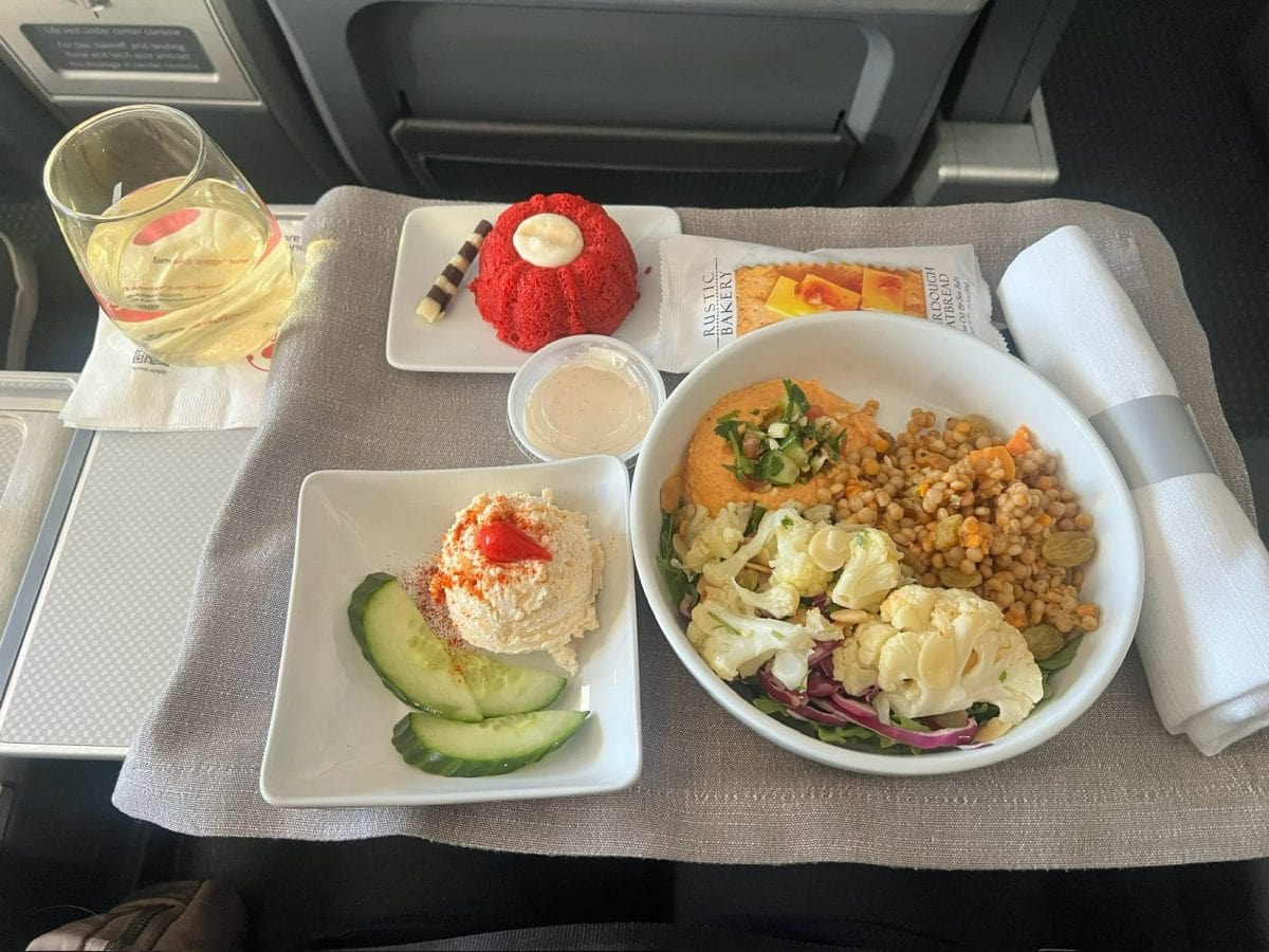 Airplane meal with salad, dessert, and beverage for in-flight dining.