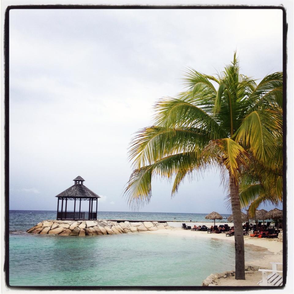 Scenic Caribbean beach with palm trees and a gazebo overlooking the ocean.