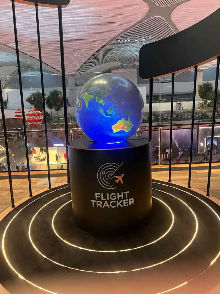 Global travel and flight tracker globe exhibit at LiAnn and Theo.