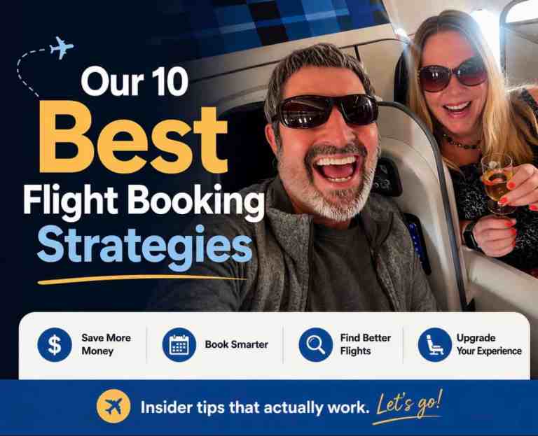 Smiling couple on airplane with travel tips overlay, enjoying flight.