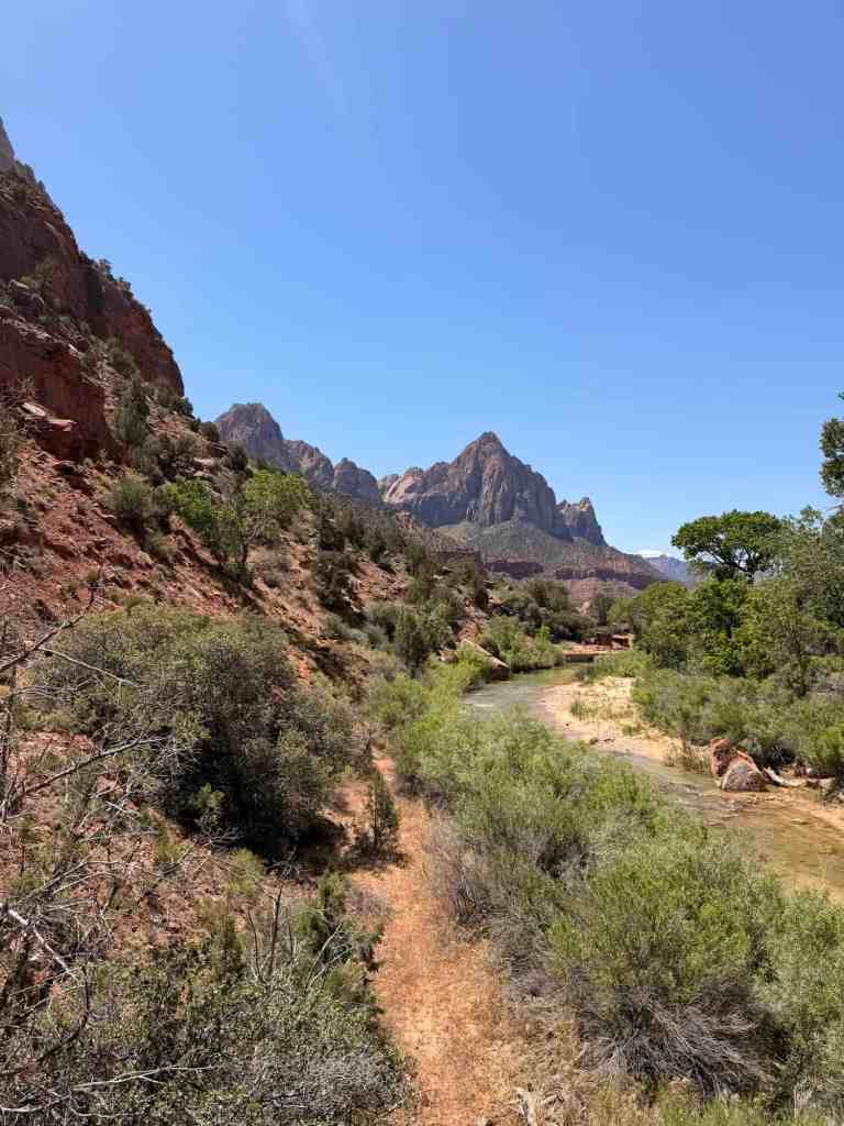 Zion National Park landscape with rugged mountains and a river.