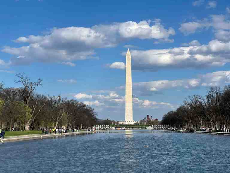 Washington Monument towering over Reflecting Pool on a sunny day.