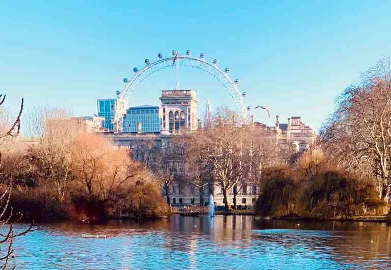 London Eye Ferris wheel with city buildings and river in foreground.
