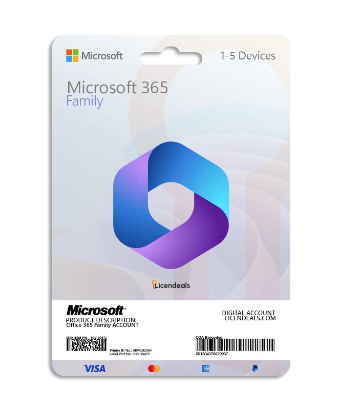 Microsoft 365 Family subscription card for multiple devices.