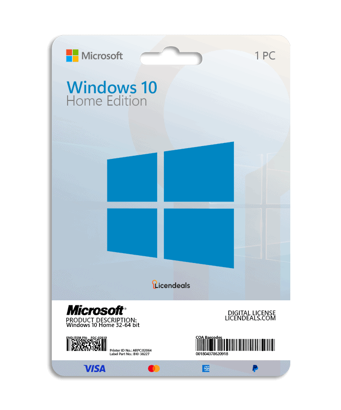 Windows 10 Home Edition software card for PC, digital license, and activation.