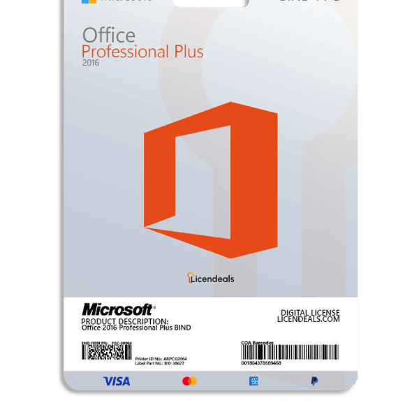 Office 2016 Professional Plus BIND software license card.