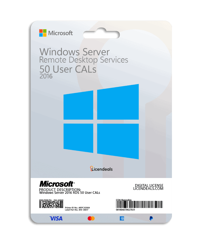 Windows Server 2016 RDS 50 User CALs License Card Remote Desktop Services CALs for Windows Server 2016, 50-user license.