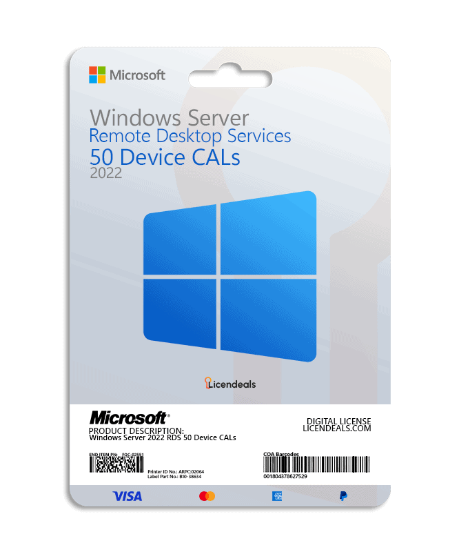 Windows Server 2022 RDS 50 Device CALs license for remote desktop access.