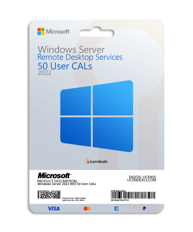 Windows Server 2022 RDS 50 User CALs license card Remote Desktop Services 50 User CALs for Windows Server 2022.