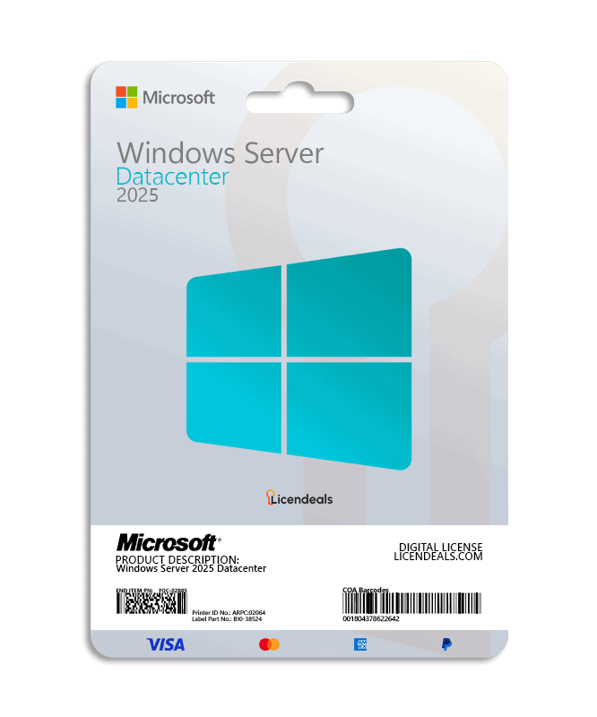 Windows Server 2025 Datacenter license for enterprise use and virtualization.
