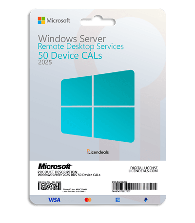Windows Server 2025 RDS 50 Device CALs license for remote desktop access.
