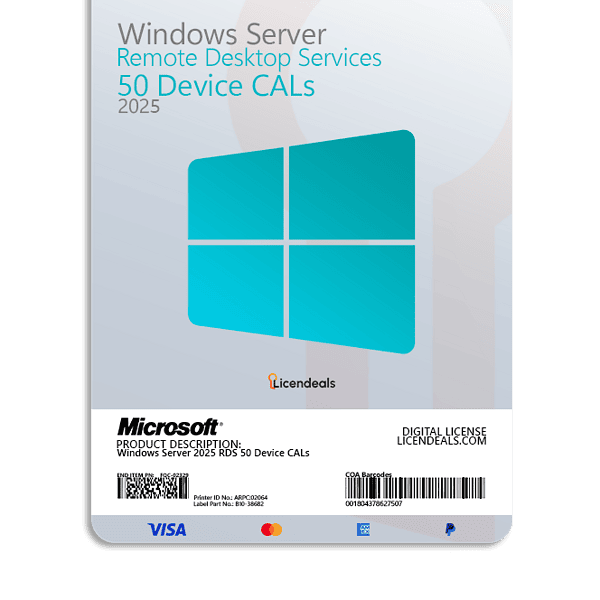 Windows Server 2025 RDS 50 Device CALs license for remote desktop access.
