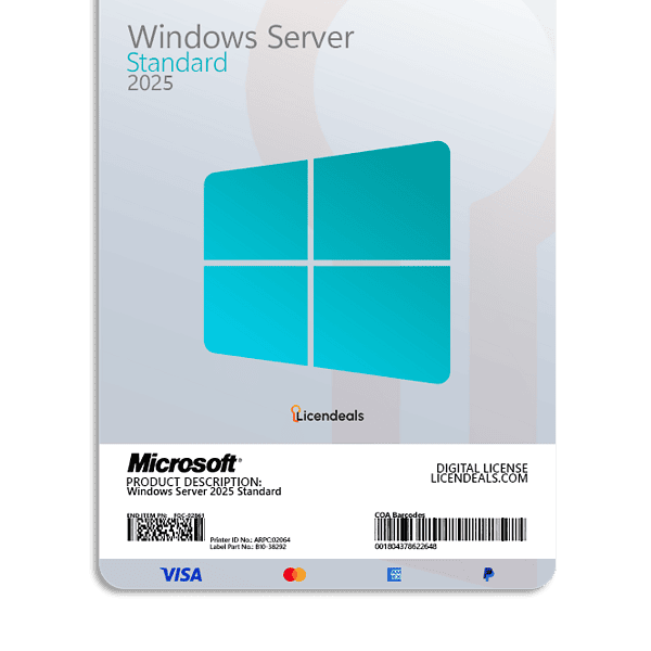 Windows Server 2025 Standard software license for server management.
