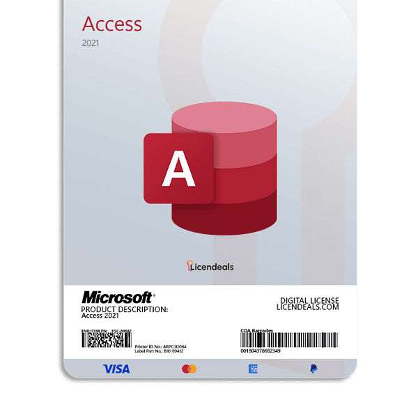 Microsoft Access 2021 software license card for one PC.