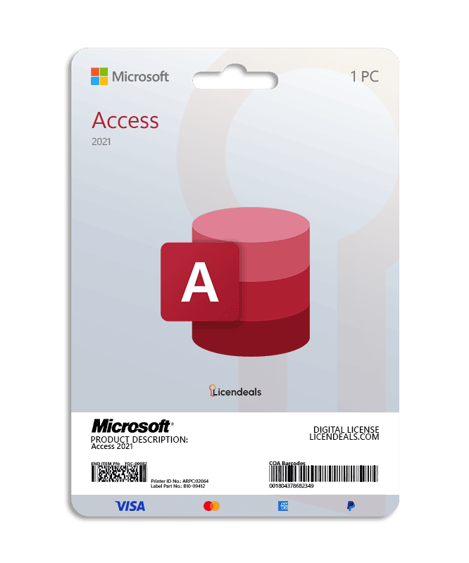 Microsoft Access 2021 software license card for one PC.