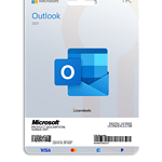 Outlook 2021 license card with Microsoft logo and digital license details.