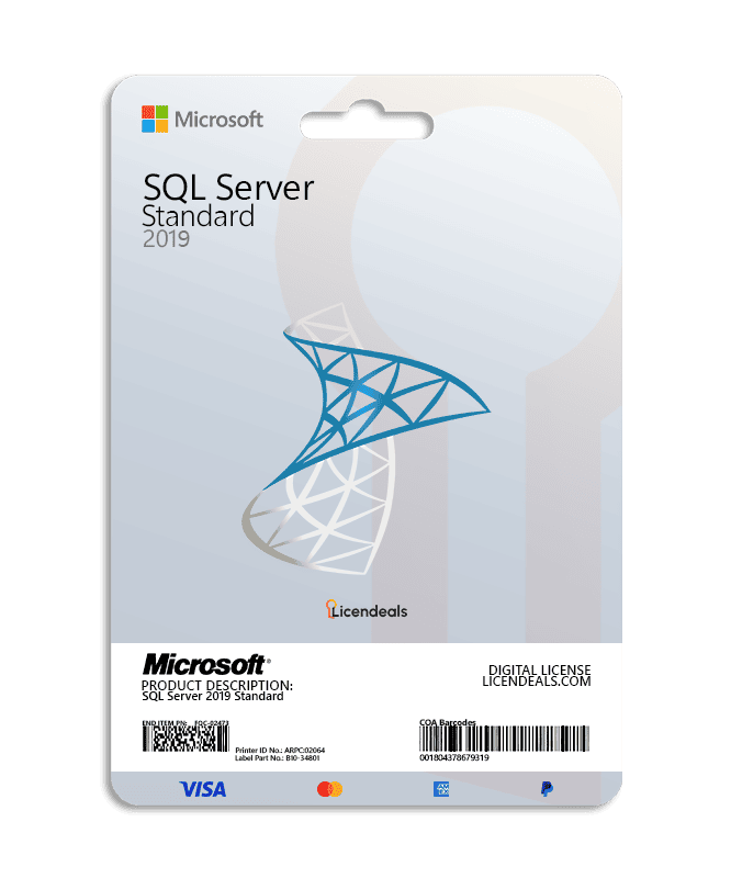 SQL Server 2019 Standard software license for database management.
