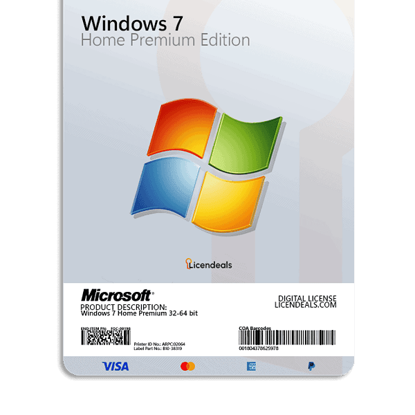 License card for Windows 7 Home Premium Edition software.