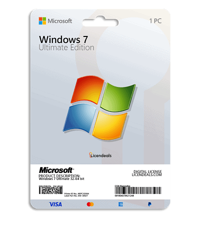 Windows 7 Ultimate edition product key card for licensing.