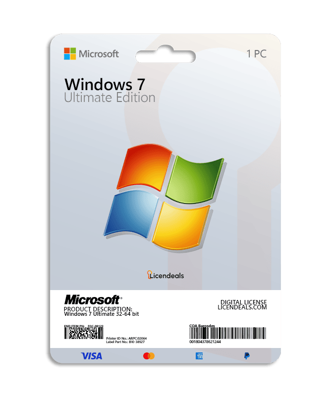 Windows 7 Ultimate edition product key card for licensing.