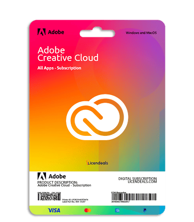 Adobe Creative Cloud subscription card with colorful design for Licendeals platform.