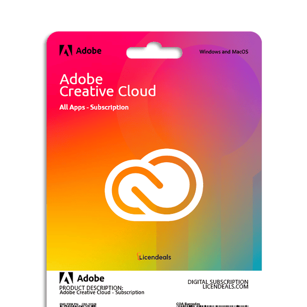 Adobe Creative Cloud subscription card with colorful design for Licendeals platform.