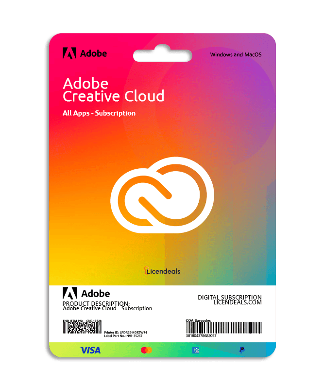 Adobe Creative Cloud subscription card with colorful design for Licendeals platform.
