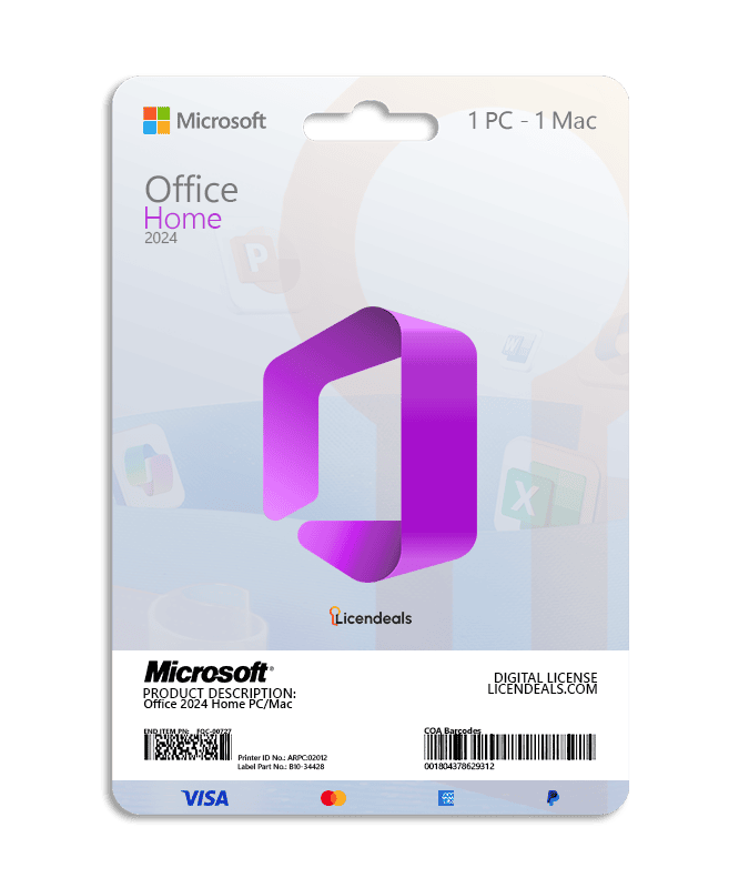 Microsoft Office Home 2024 license card for PC and Mac.