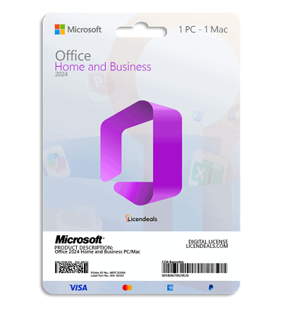 Office 2024 license card for home and business use on Mac and PC.