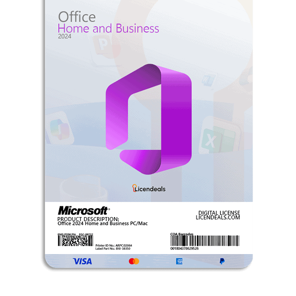 Office 2024 license card for home and business use on Mac and PC.