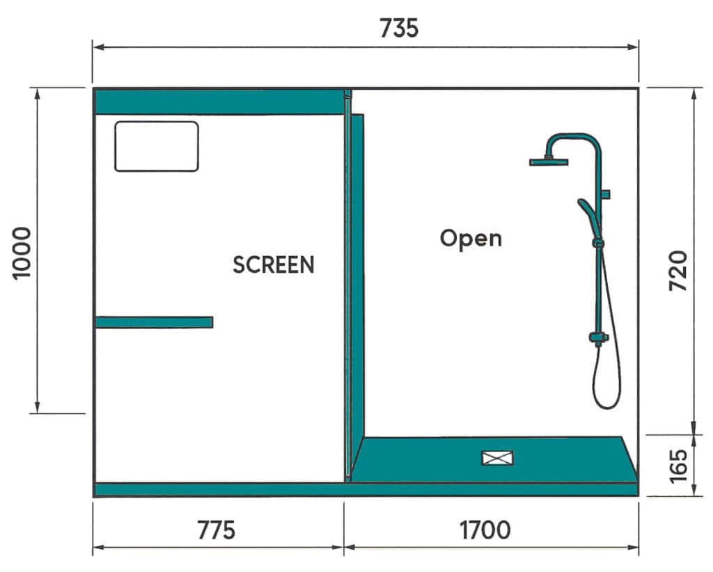 Technical drawing of accessible shower area with screen and open section, showing detailed dimensions and layout for installation.