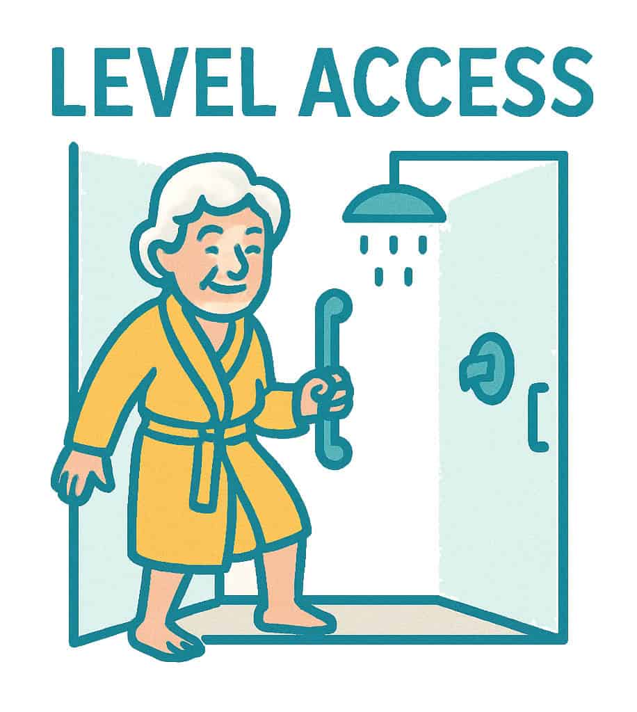 Level access animation. person holding grab rail setting into shower with ease