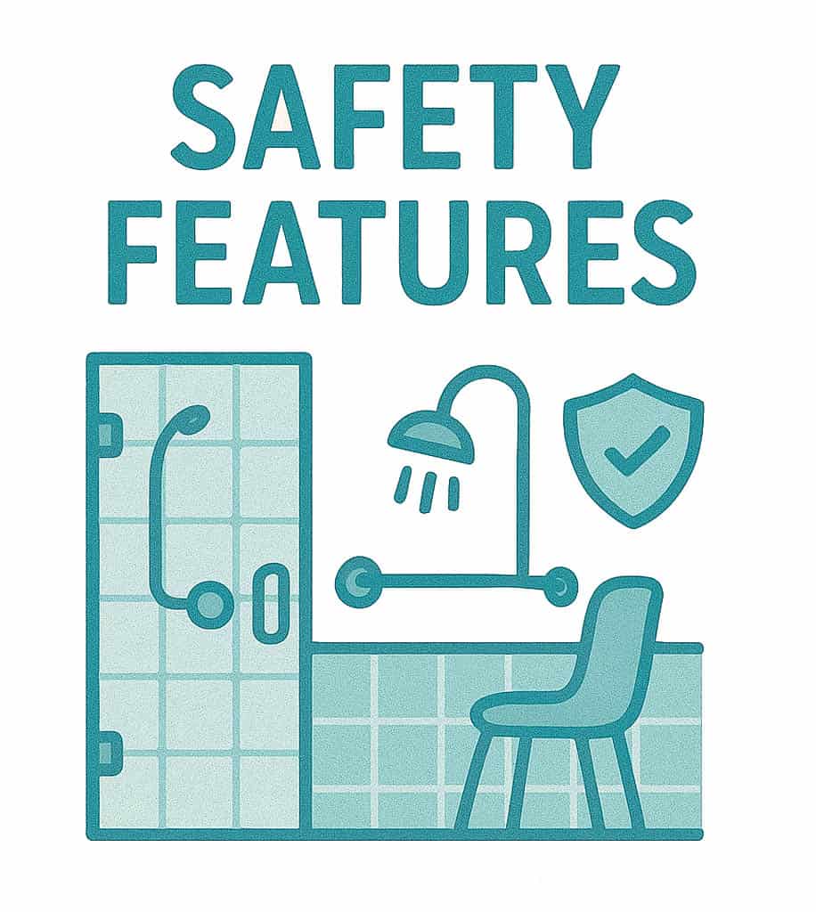 2D drawing pointing out the safety features of a bathroom. grab rails, seats, shield with a tick