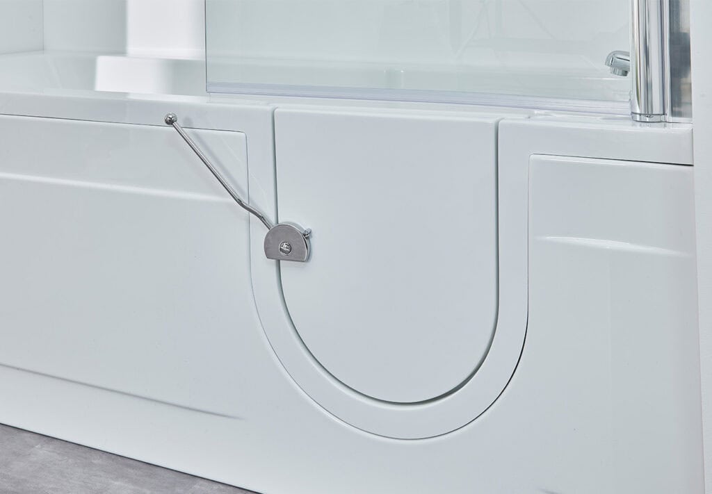 Zoomed in shot of long metal leaver to open side door.