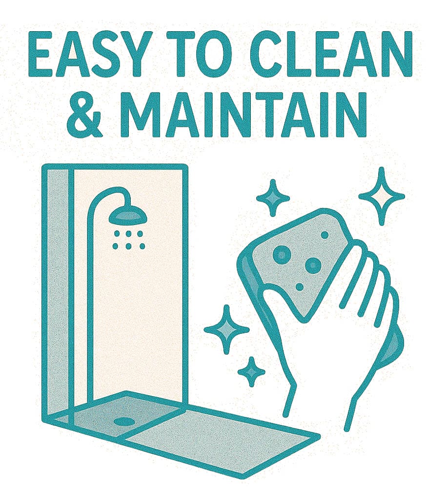 "EASY TO CLEAN & MAINTAIN" title in green. large simplistic drawing of hand holding sponge with sparkles around it. Next to a pretty drawing of a shower