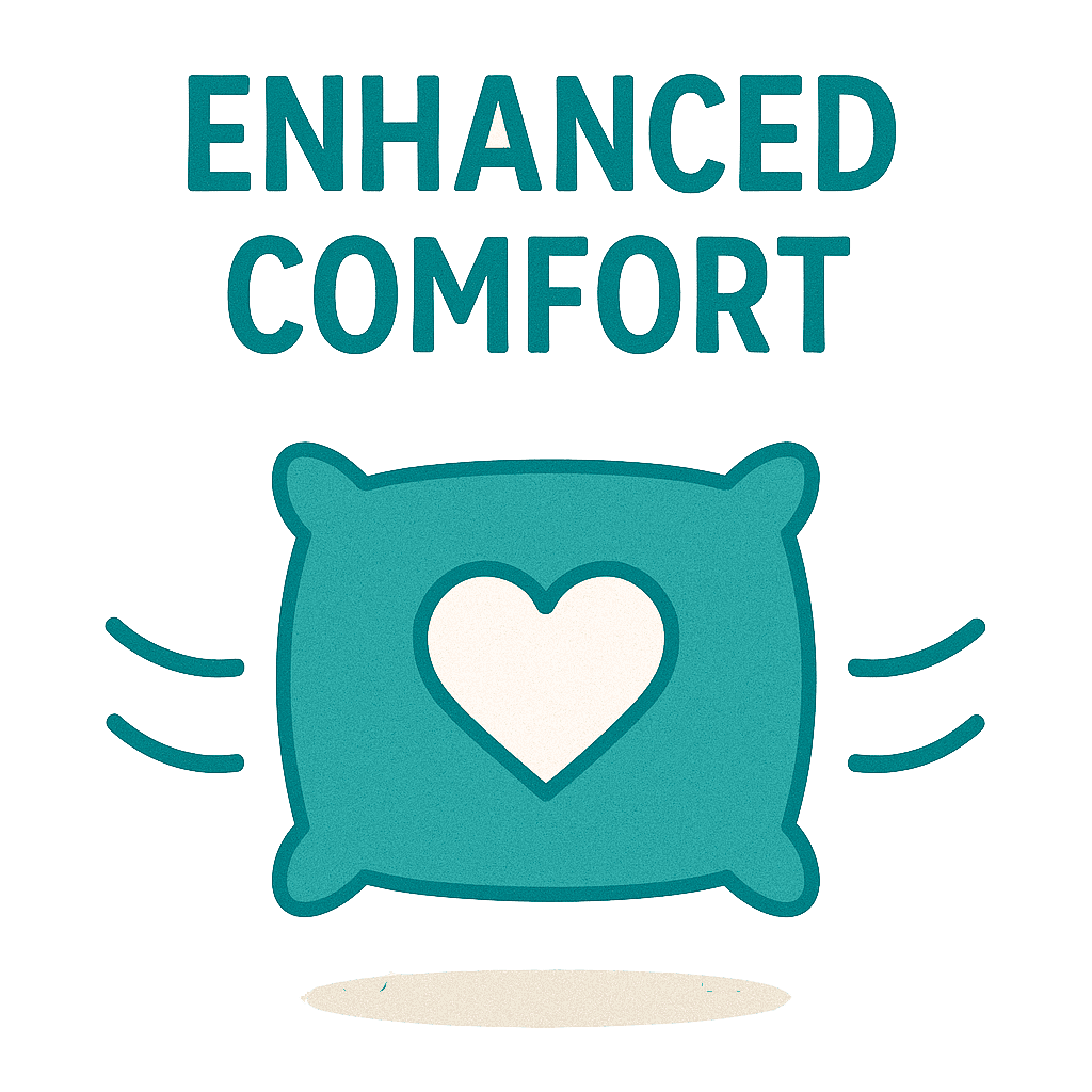 Simple graphic of a teal cushion with a heart, symbolising enhanced comfort in accessible bathroom design.