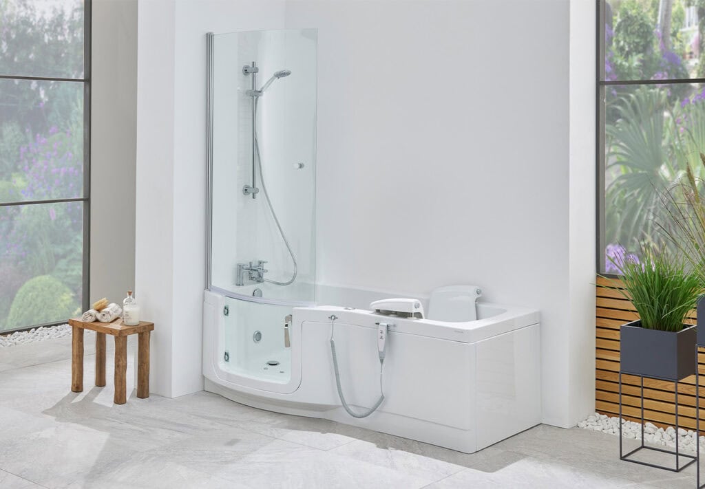 Product shot: Roma Stretto (indiana) walk-in shower bath. Bright white open plan bathroom with large wall size window.