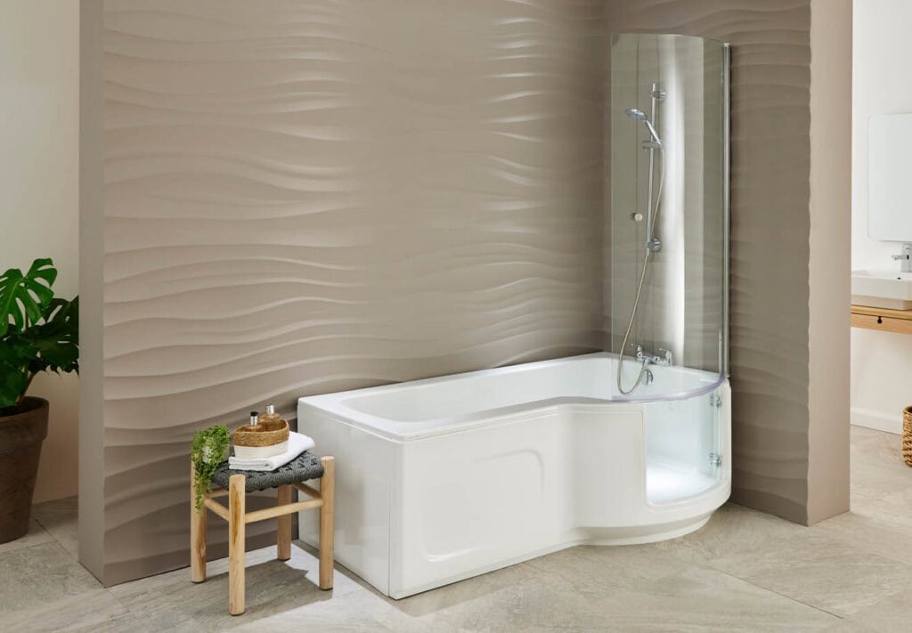 Walk-in bath Roma (Louisiana - access baths) full view bath shower combo in neutral coloured theme bathroom