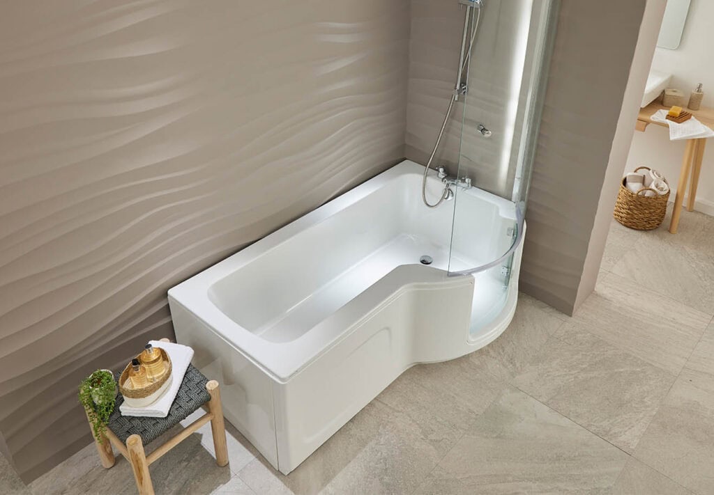 Walk-in bath Roma (Louisiana - access baths) aerial view bath shower combo in neutral coloured theme bathroom